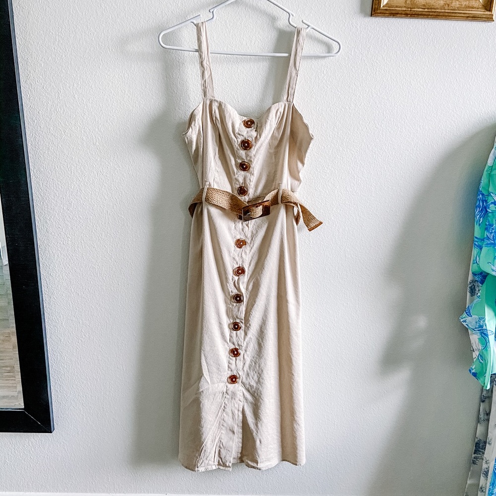 Beige Linen Midi Dress